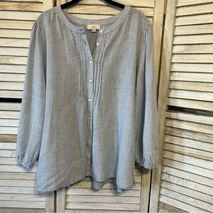 LOFT Blue and White Blouse with Mandarin Collar and Relaxed Fit